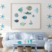 Handcrafted Wooden Ocean - Fish, Coral, Starfish & Sailboat Set for Home/Bathroom, Coastal Style Art