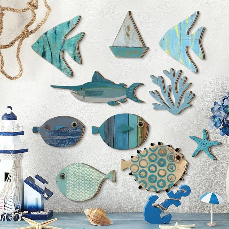 Handcrafted Wooden Ocean - Fish, Coral, Starfish & Sailboat Set for Home/Bathroom, Coastal Style Art