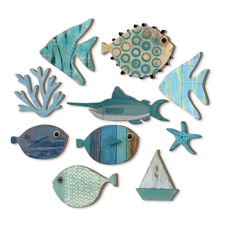 Handcrafted Wooden Ocean - Fish, Coral, Starfish & Sailboat Set for Home/Bathroom, Coastal Style Art