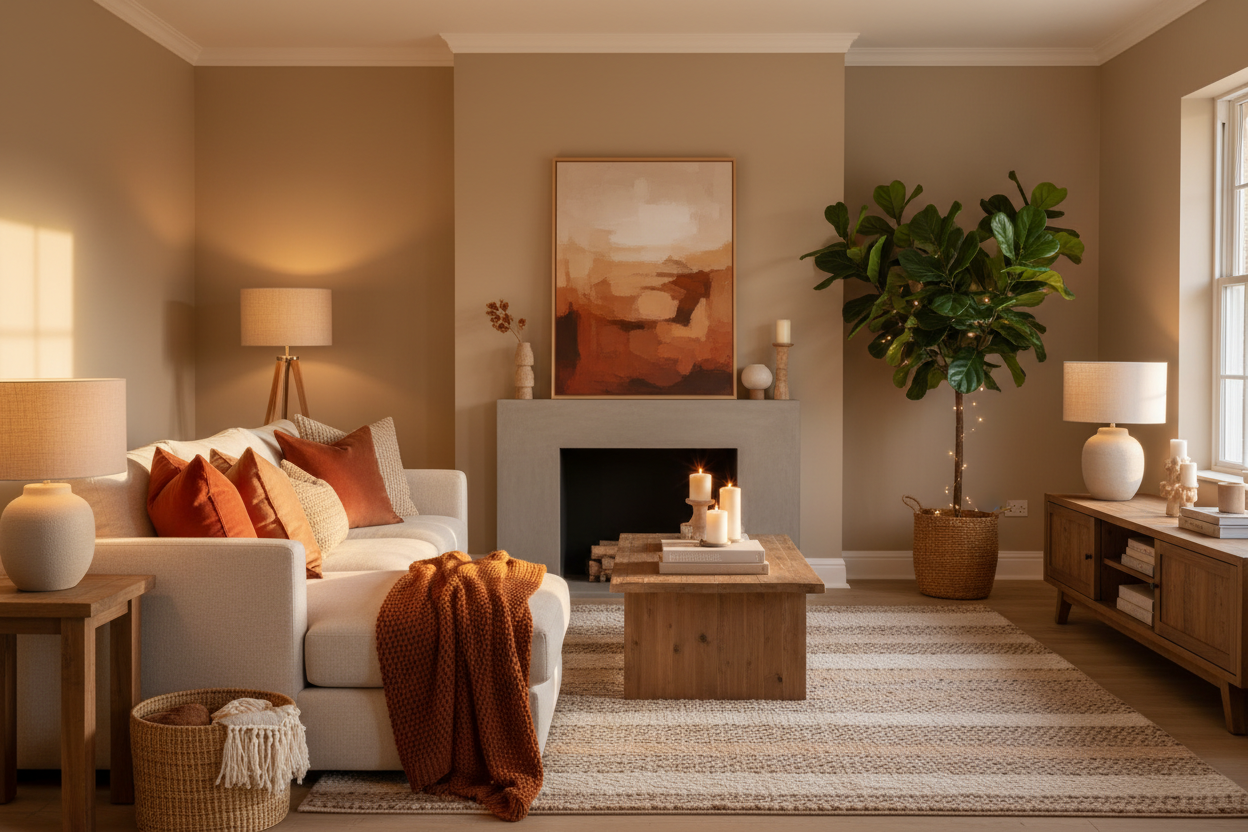 Side-by-side comparison of living room before and after décor styling