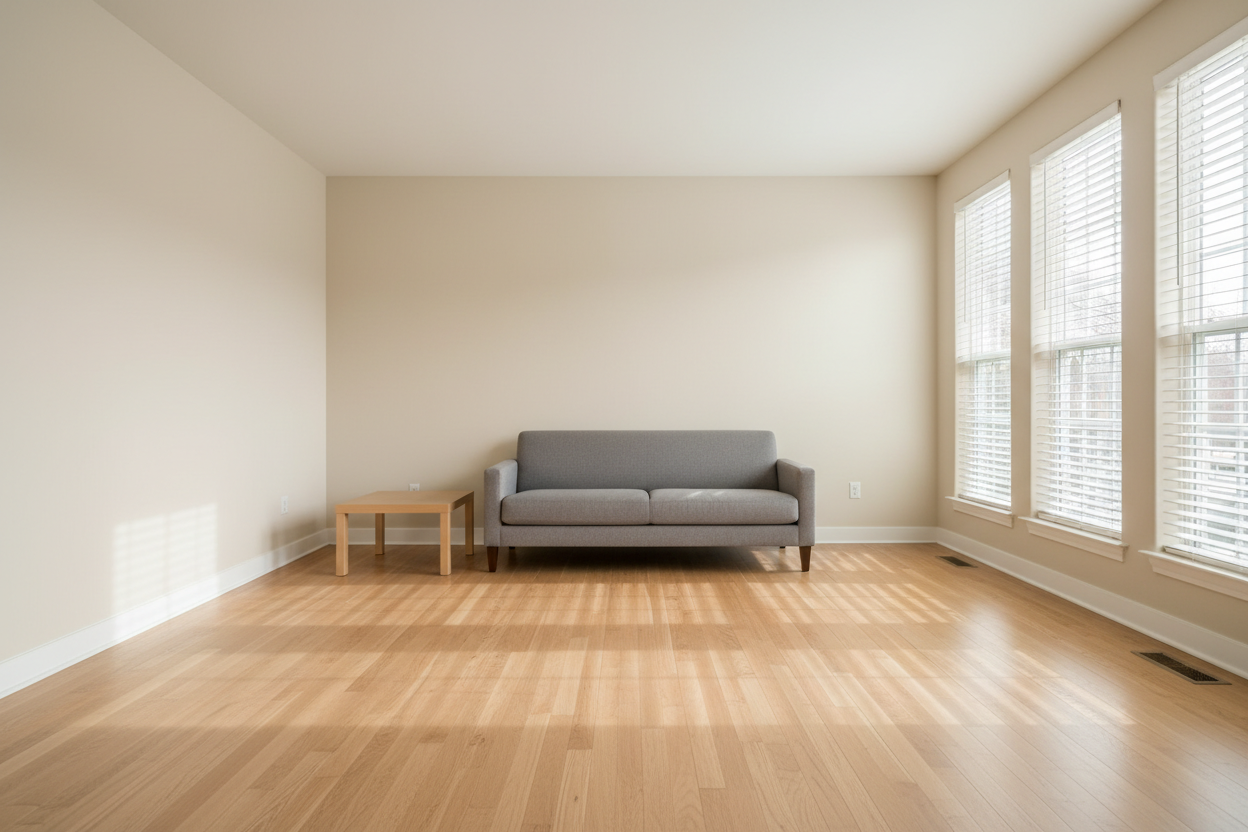 Side-by-side comparison of living room before and after décor styling