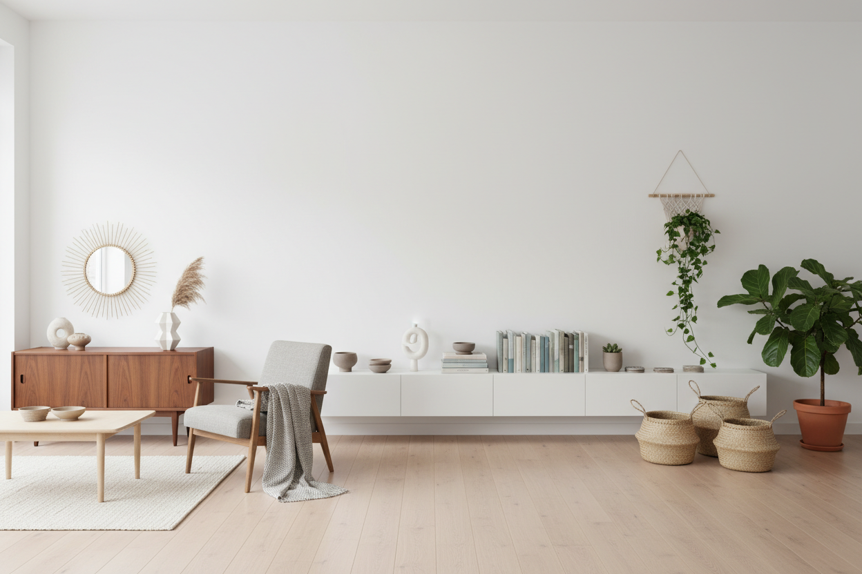 Minimal home interior showing mixed décor pieces arranged by style