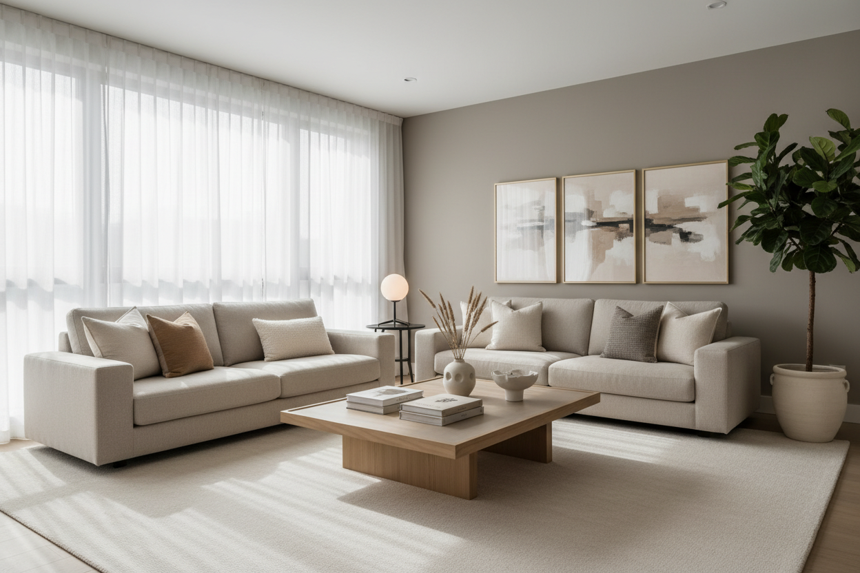 Modern living room with neutral décor, soft lighting, and stylish accents