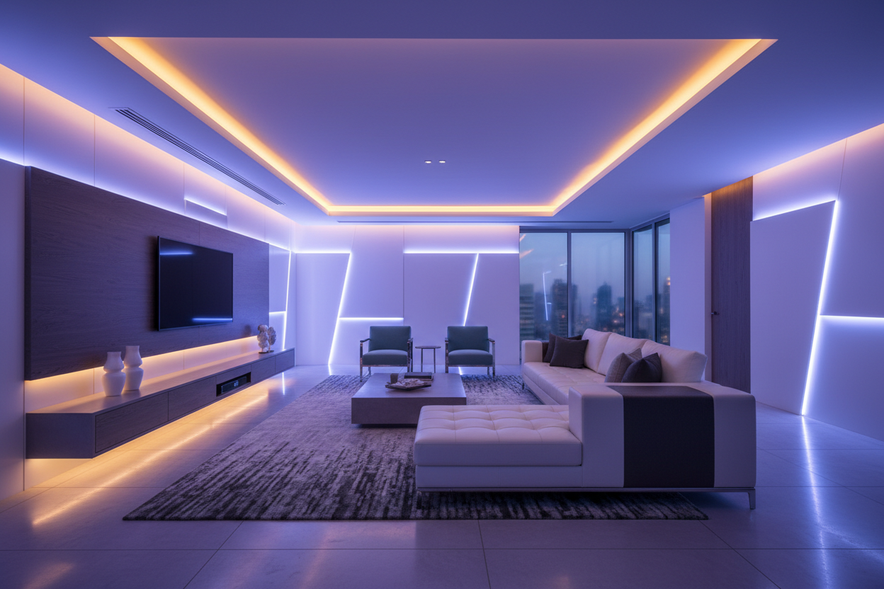 Modern living room with smart LED panels and ambient lighting