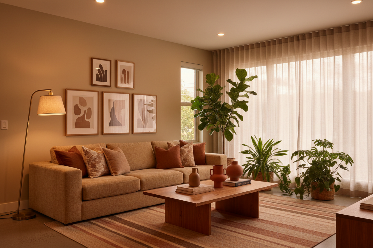 Stylish living room with warm-toned décor, plants, and ambient lighting