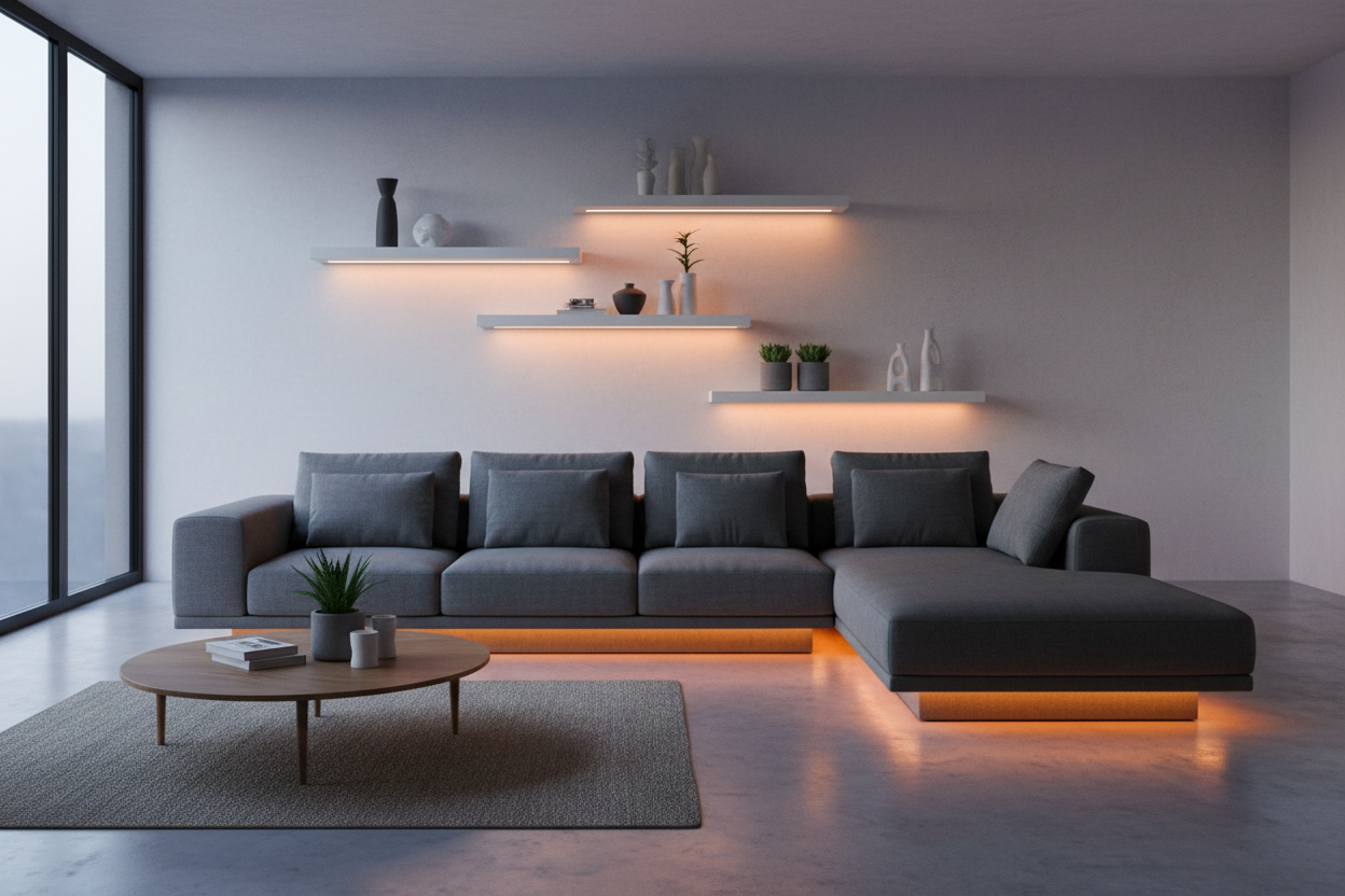 Wireless LED strip lights around modern sofa and shelves